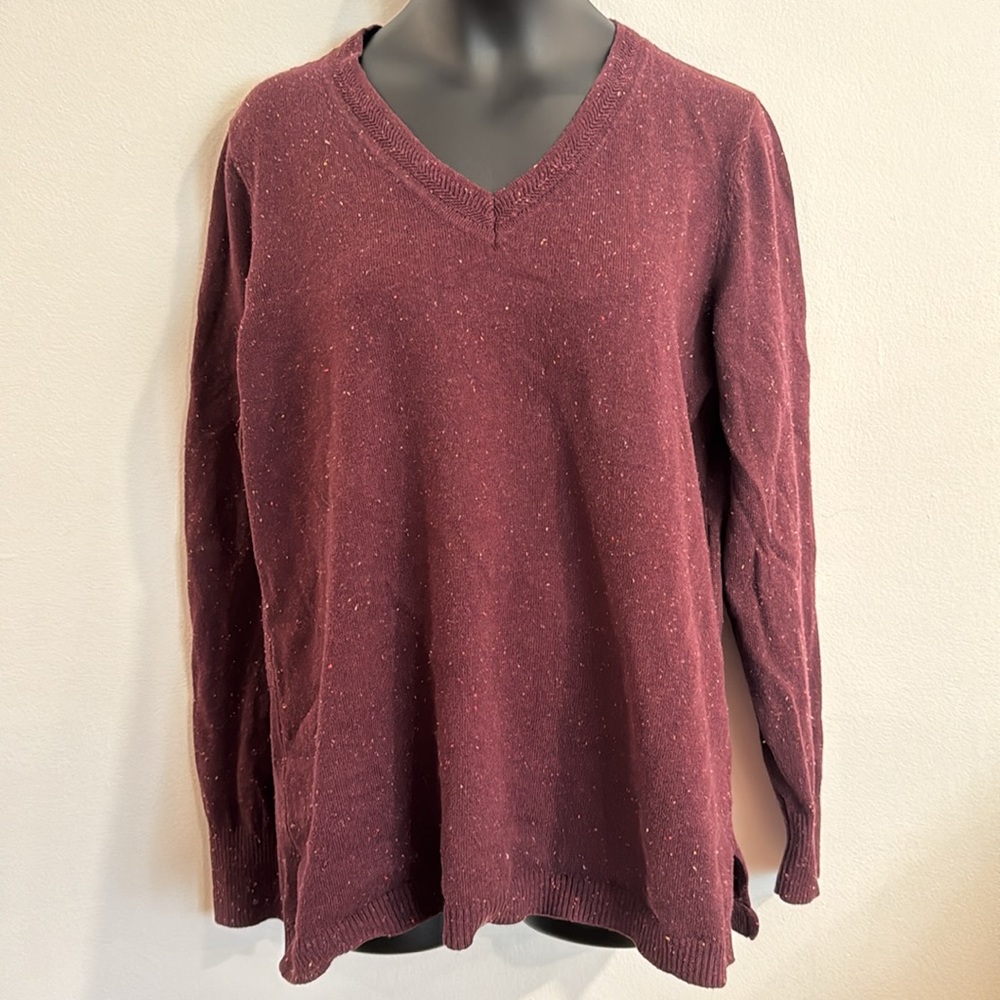 Talbots Maroon Button Cuff Speckled V-Neck Sweater